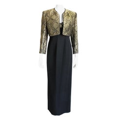 Louis Feraud Long Evening Gown and Jacket Gold Metallic Brocade 2pc Vintage 90s 