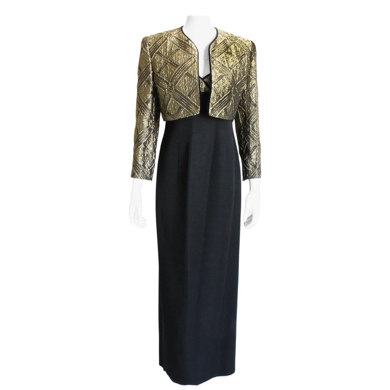 Louis Feraud Long Evening Gown and Jacket Gold Metallic Brocade 2pc Vintage 90s  For Sale