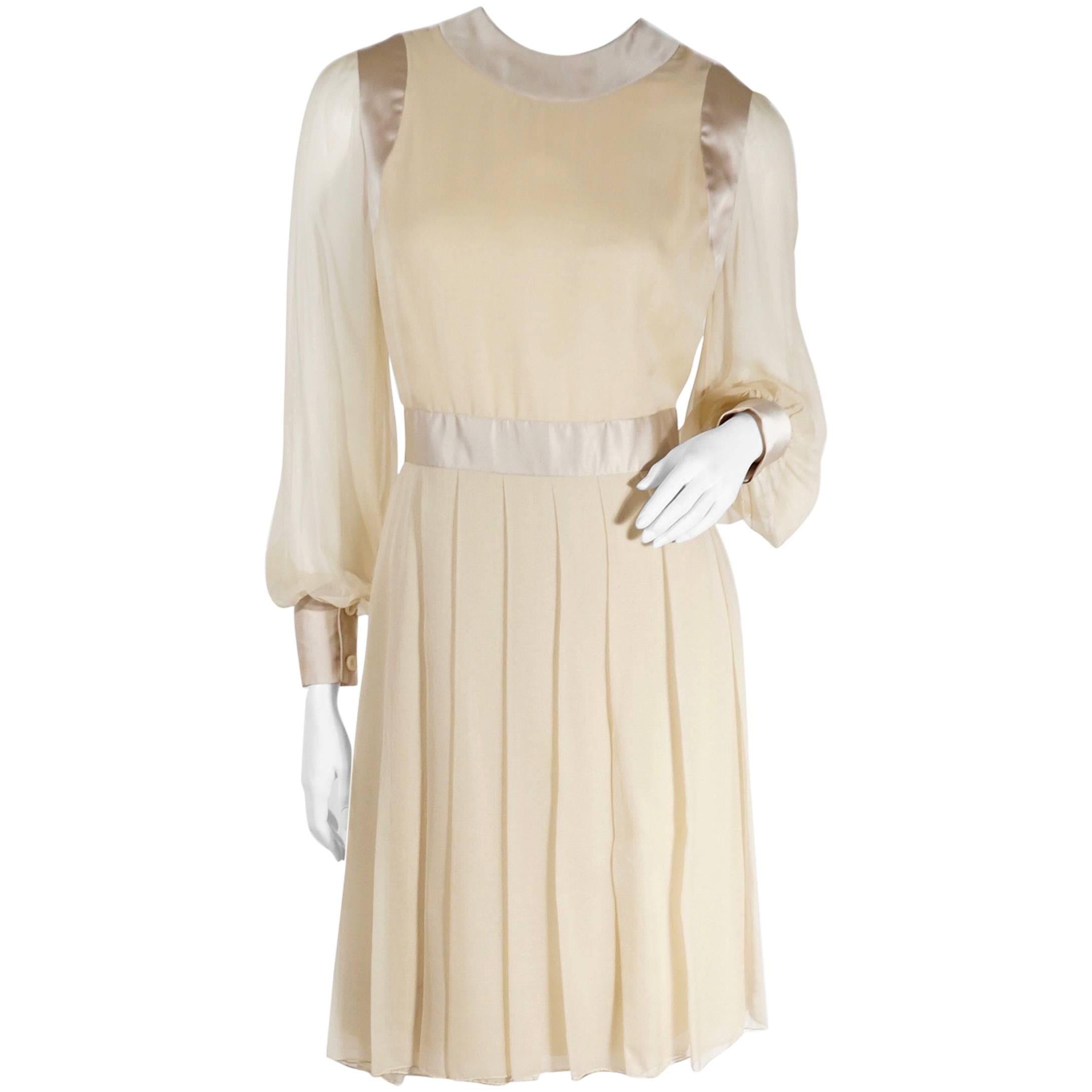 1970s Galanos Silk Chiffon Cream Pleated Dress For Sale