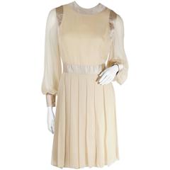 1970s Galanos Silk Chiffon Cream Pleated Dress