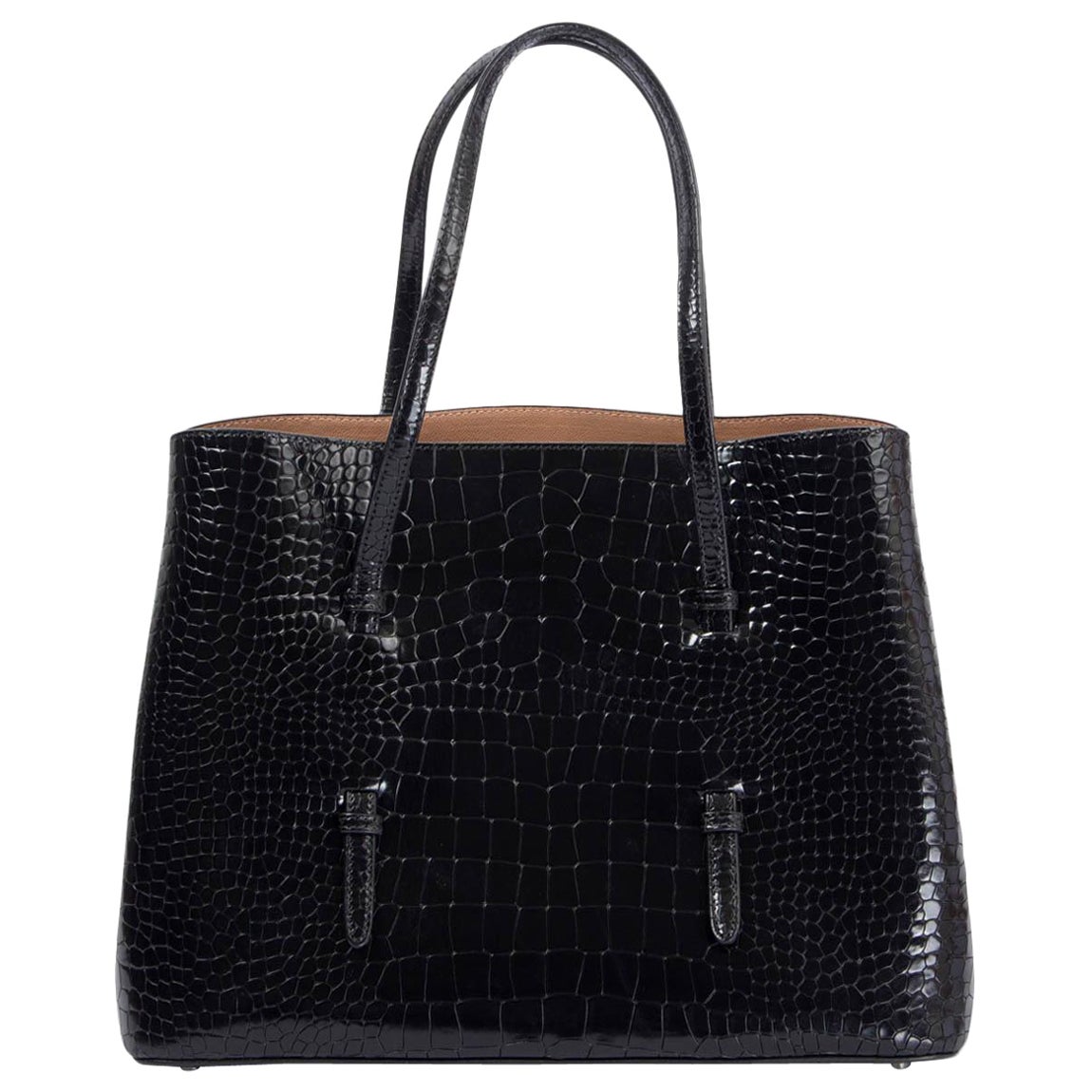 ALAIA black leather SHINY CROCODILE EMBOSSED VIENNE Tote Bag