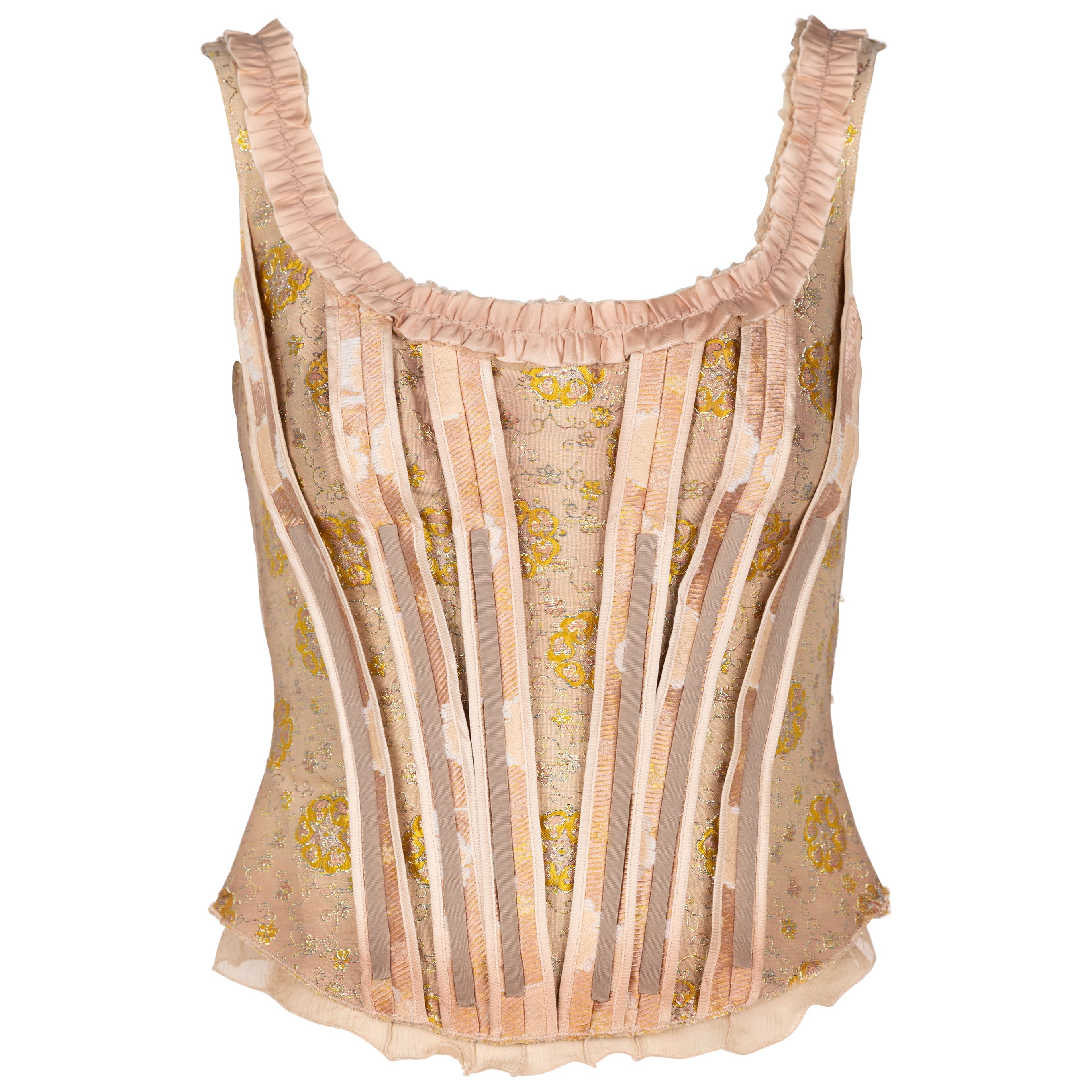 Prada - Haut corset en brocart à fleurs roses et or en vente