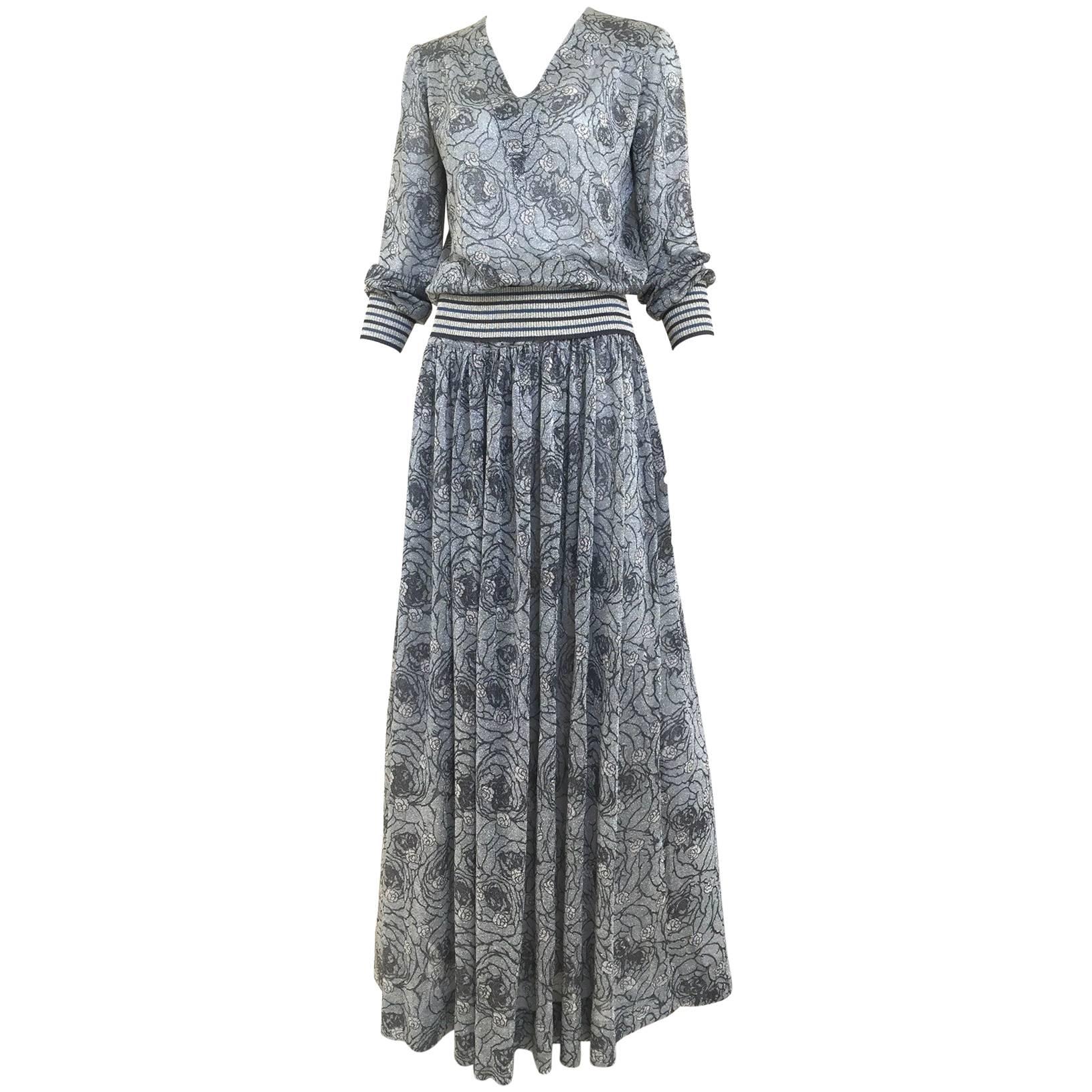 70s Missoni metallic grey and blue knit top and skirt set