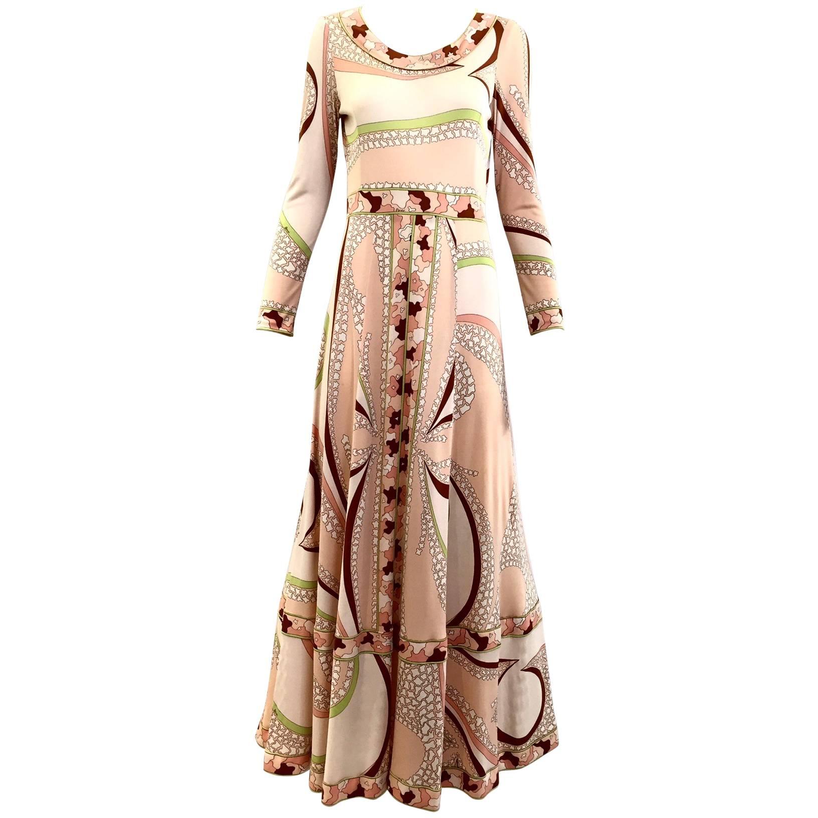 70s Bessie peach and brown print matte jersey maxi dress For Sale