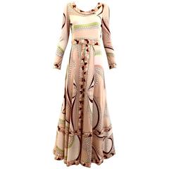 Vintage 70s Bessie peach and brown print matte jersey maxi dress