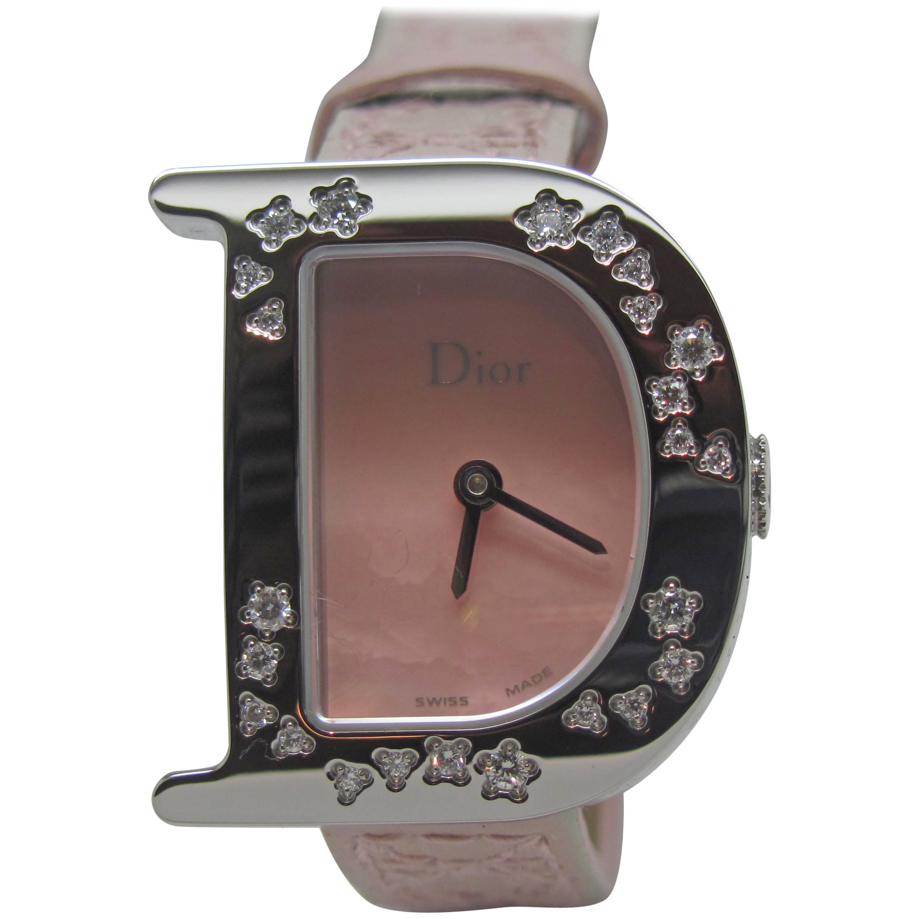 Dior Diamond Steel Watch with Pink Leather Strap