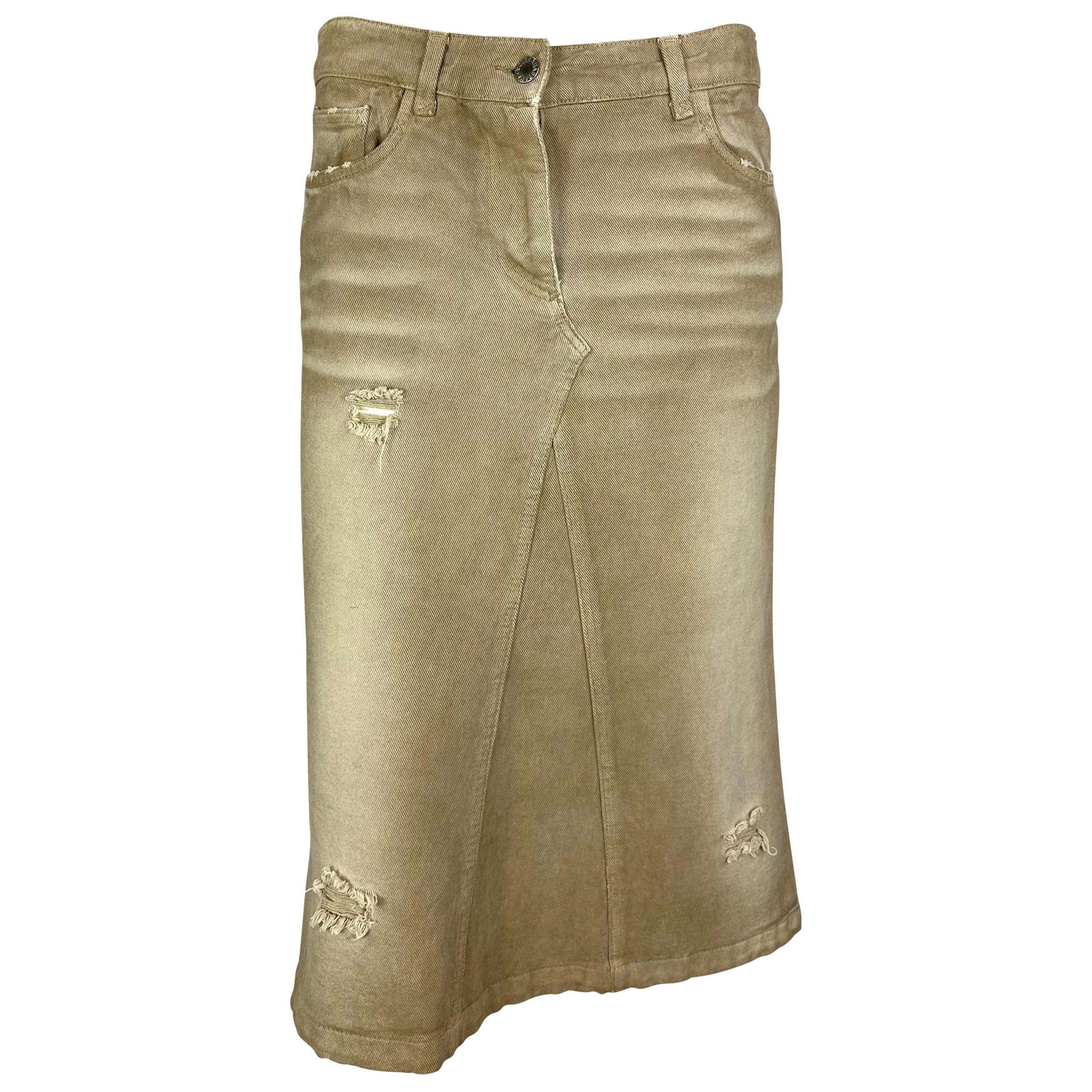 Late 1990s Dolce & Gabbana Beige Distressed Denim Mid-Length Skirt For Sale