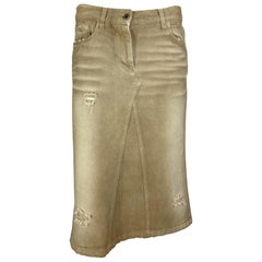 Late 1990s Dolce & Gabbana Beige Distressed Denim Mid-Length Skirt
