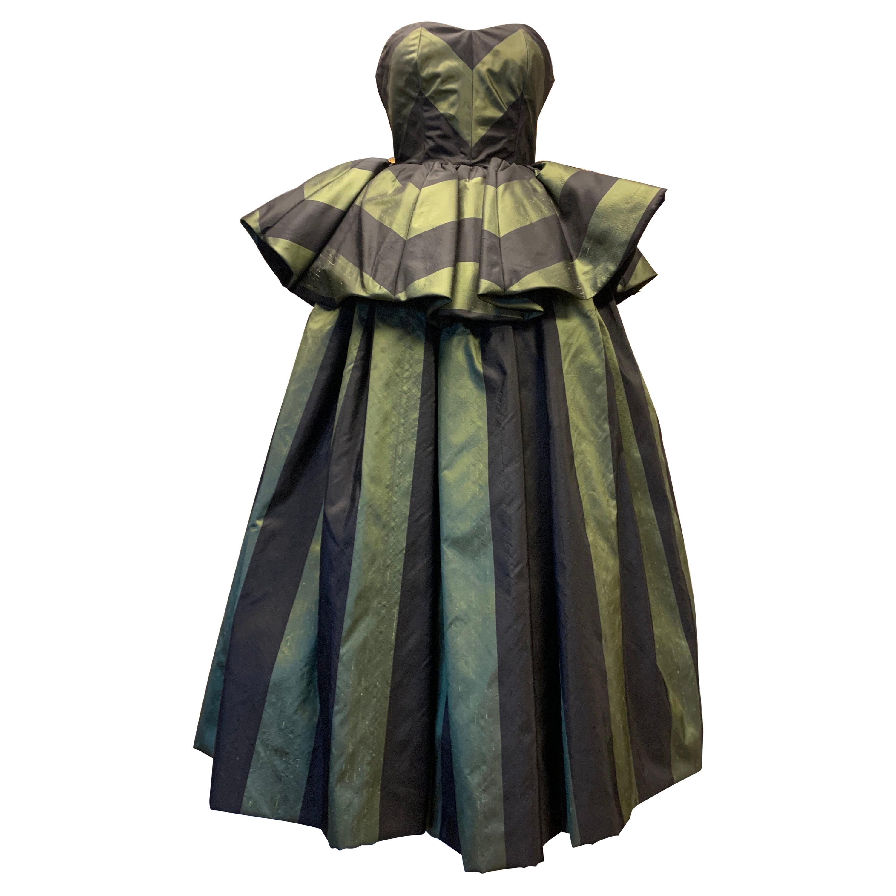 1980s Louis Feraud Green & Black Silk Taffeta Strapless Ballgown w Peplum For Sale