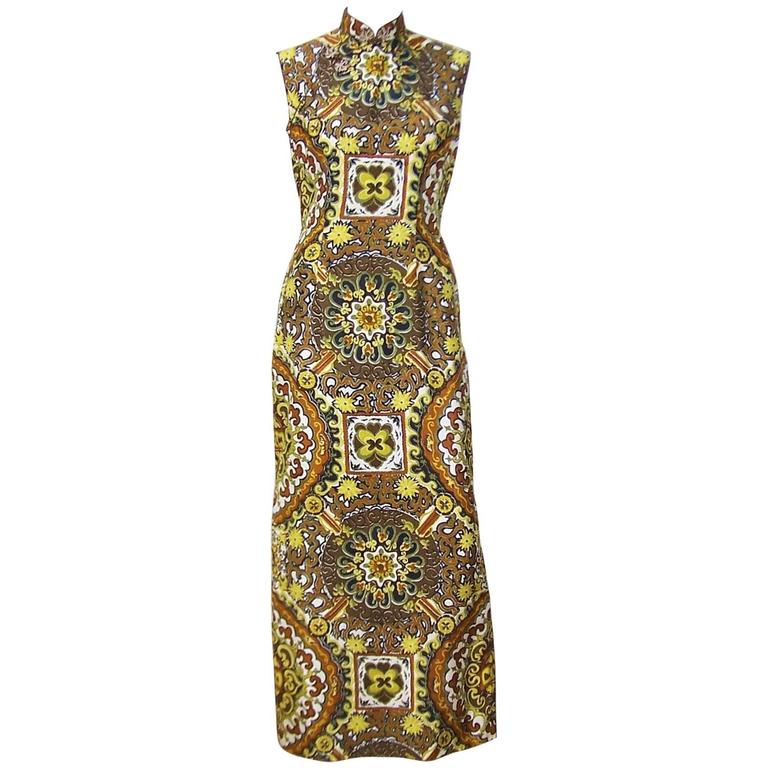 C.1970 Cheongsam Exotic Silk Tiki Dress For Sale at 1stdibs
