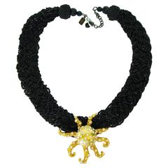 Stephanie Lake Design Golden Octopus on Jet Bead Braid Necklace One-Of-A-Kind 3