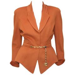 1980's Thierry Mugler Pumpkin Wool Wasp Waist Jacket With Chain Closure