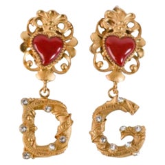 Dolce & Gabbana Gold Red Heart Amore Brass Crystals Dangle Earrings Clip Ons 