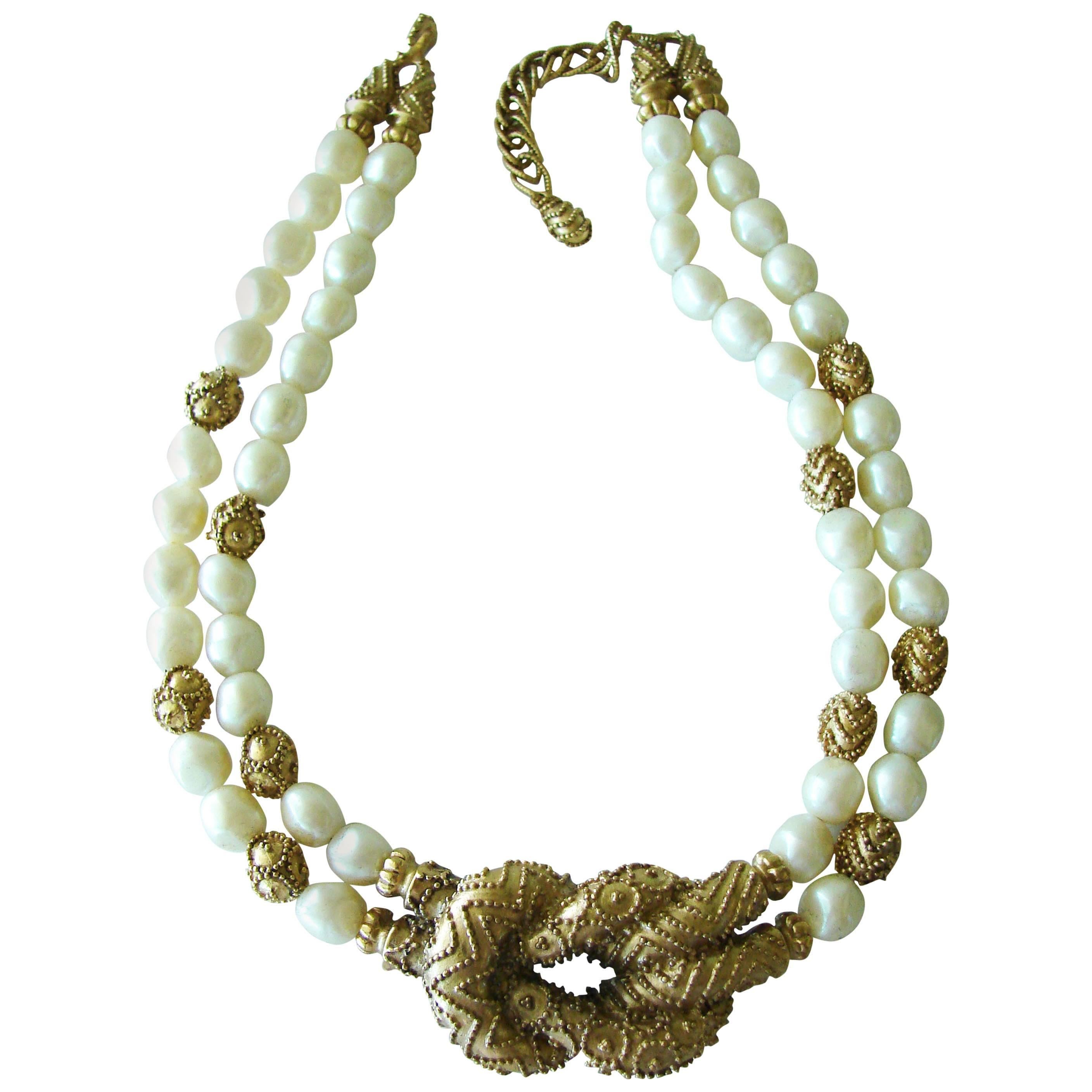 Mary McFadden Etruscan Necklace Faux Pearl Double Strand + Gold Beads + Box 80s