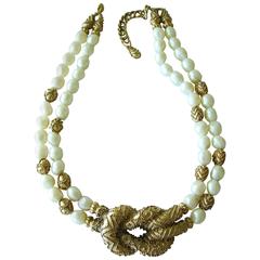 Vintage Mary McFadden Etruscan Necklace Faux Pearl Double Strand + Gold Beads + Box 80s