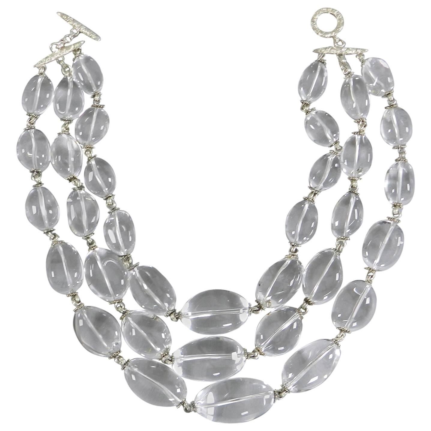 Large Chunky Rock Crystal Triple Strand Bead Necklace 