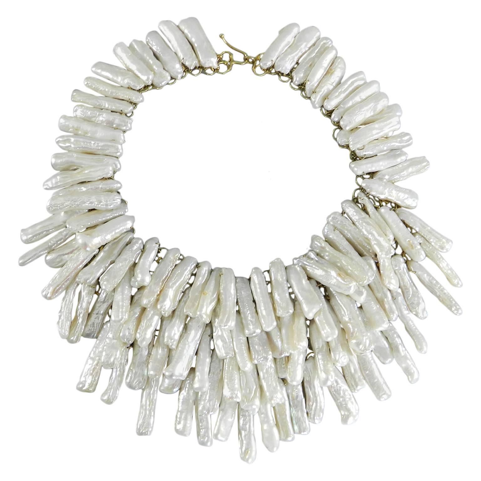 Eileen Coyne Long Biwa Freshwater Pearl Layered Bib Necklace