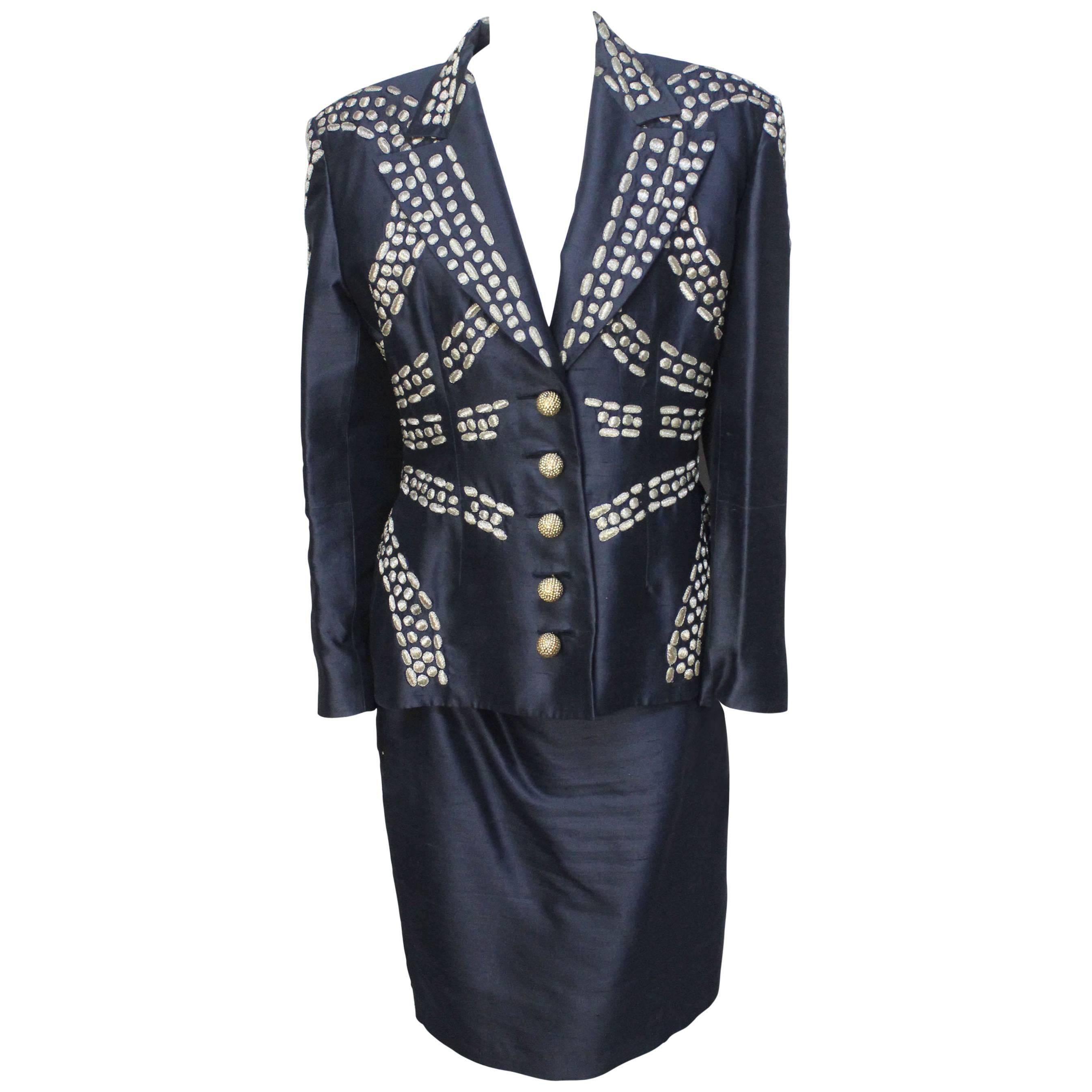 Vintage 1980's Valentino Gold Metallic Embroidered Suit For Sale