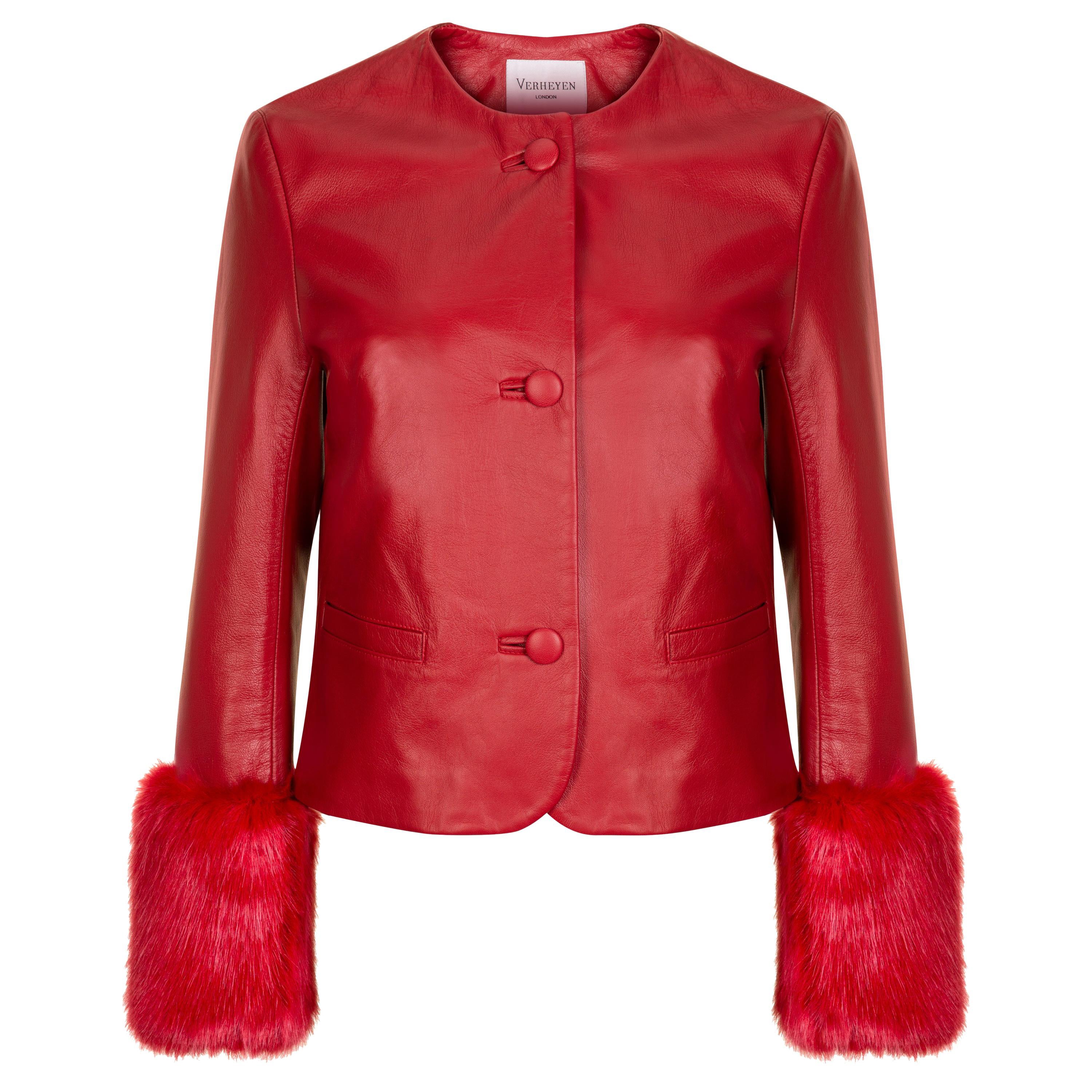Verheyen Vita Cropped Jacke aus rotem Leder mit Kunstpelz - Größe Uk 12
