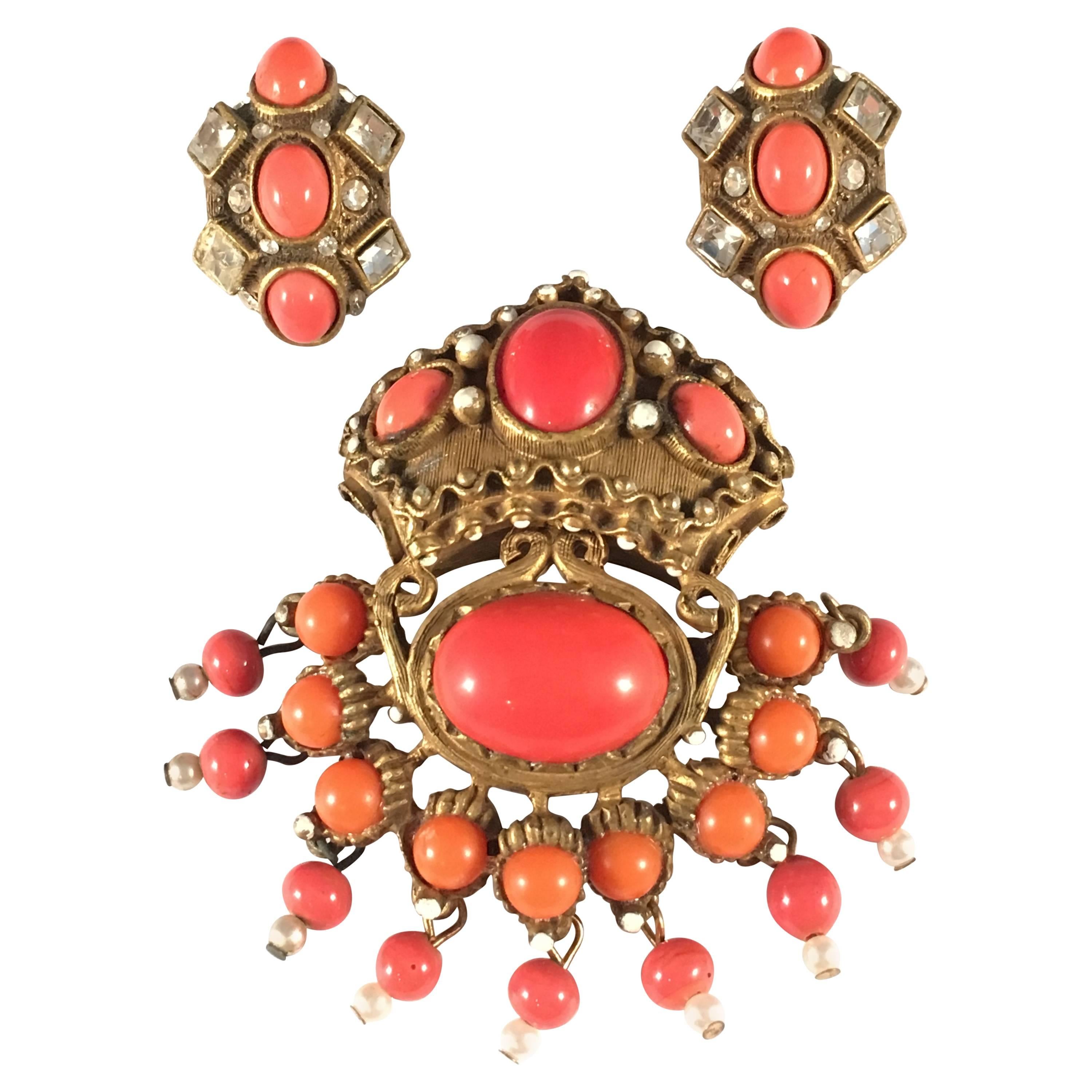 Kenneth Jay Lane Coral Colored Brooch and Earring Set 1960s