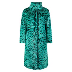 Used Verheyen London High Collar Green Leopard Print Coat Goat Hair Fur Size uk 12