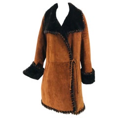 Christia Russet Brown Whip Stitched Tie Waist Shearling Coat Large