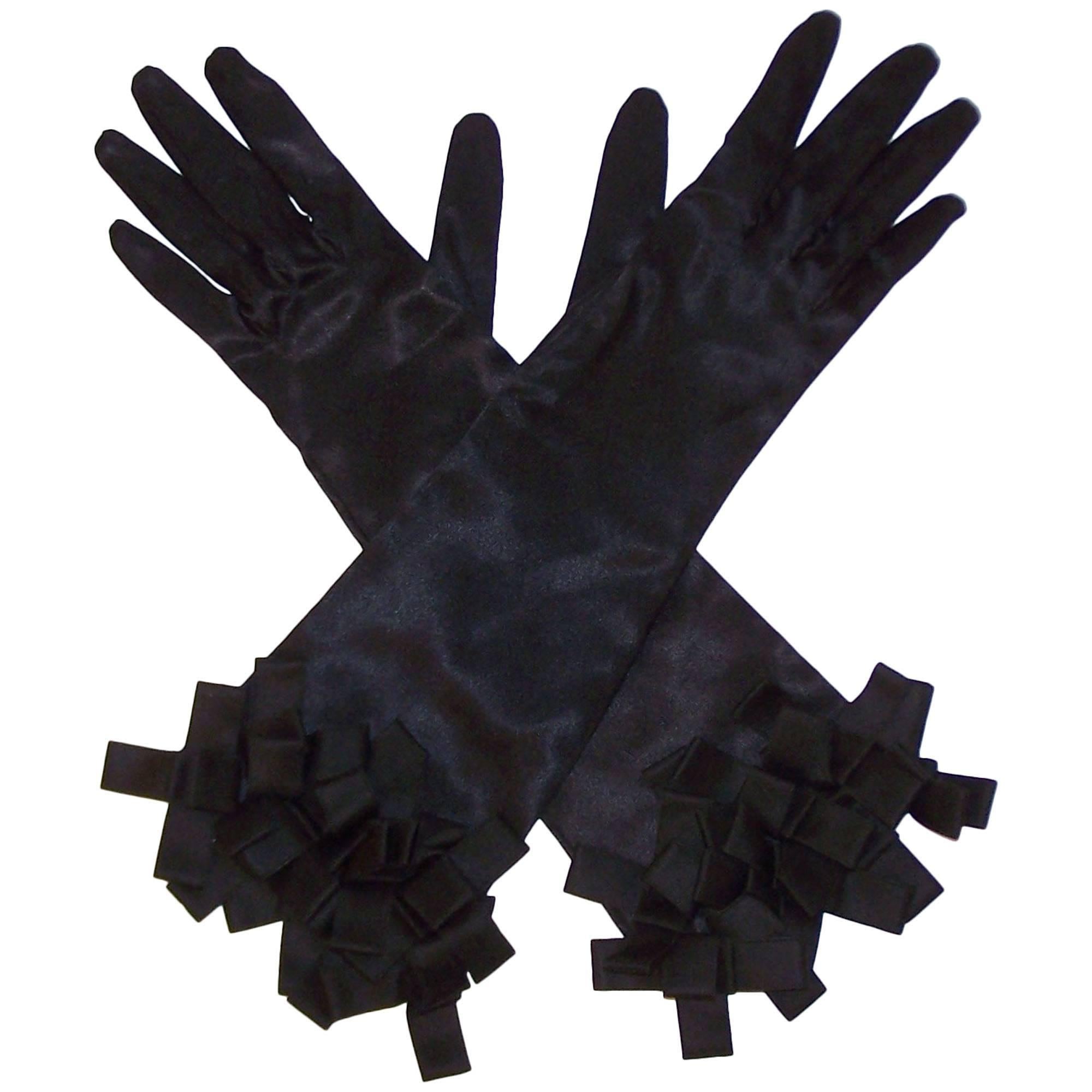 Glamorous C.1960 Black Satin Evening Gloves With Ribbon Cuffs