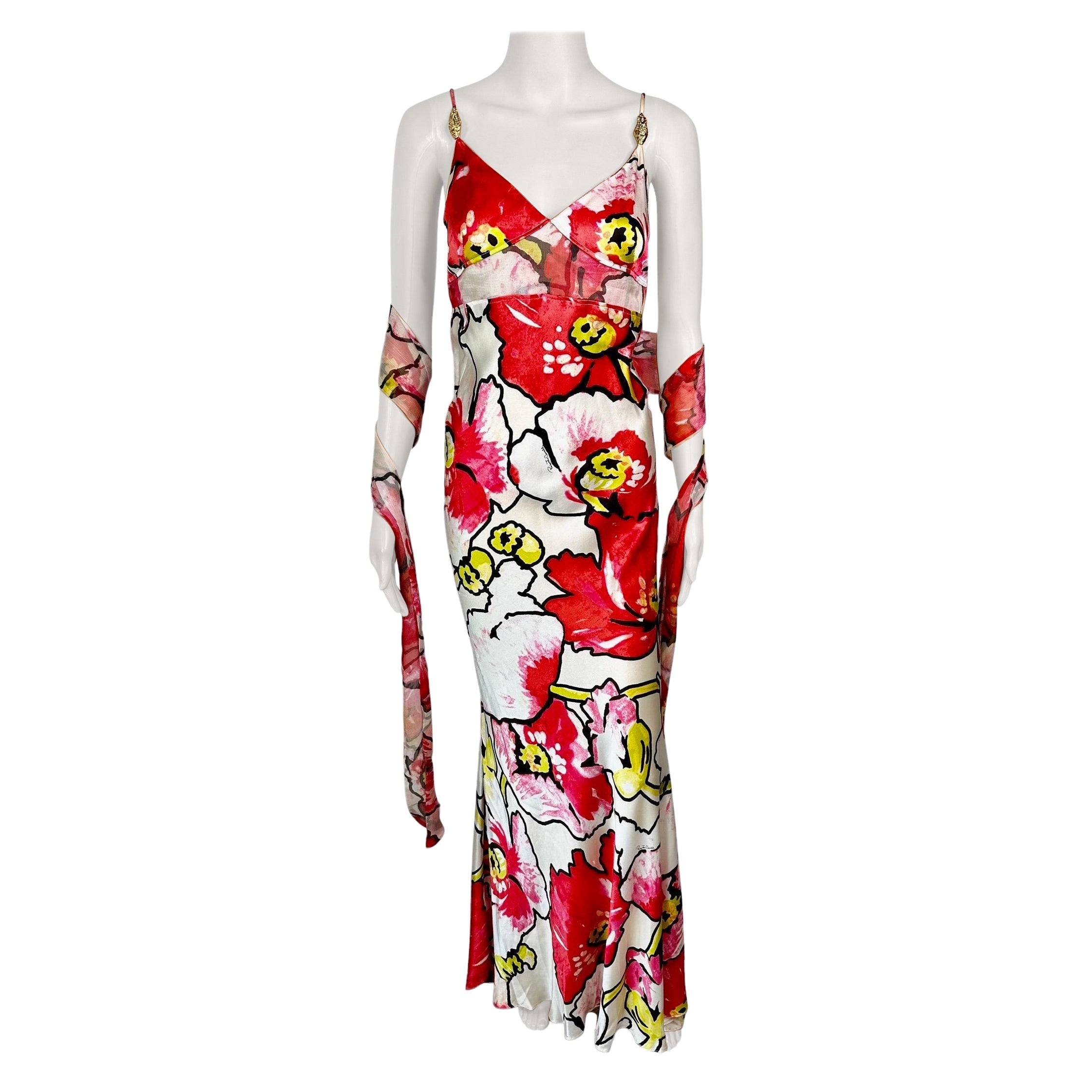 Roberto Cavalli S/S 2005 Silk Floral Print Slip Evening Dress & Wrap 2 Piece Set For Sale