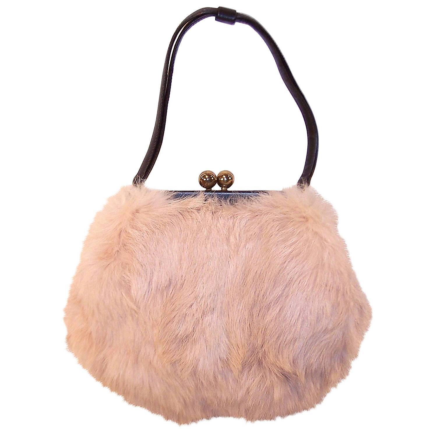 Fluffy 1950's Morris Moskowitz Pink Fur & Black Leather Handbag