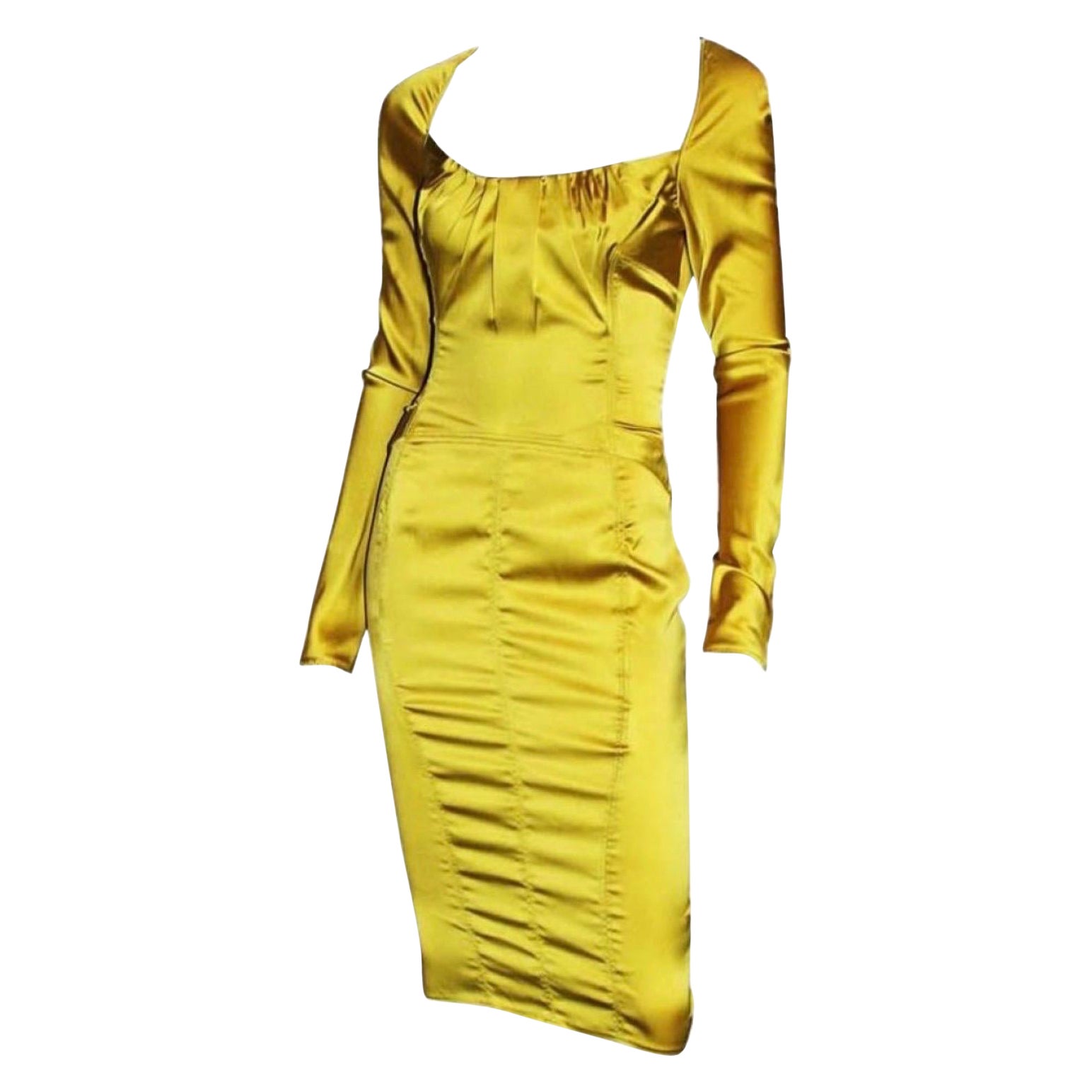 Tom Ford for Gucci F/W 2003 Runway Bodycon Silk Mustard Yellow Midi Dress For Sale