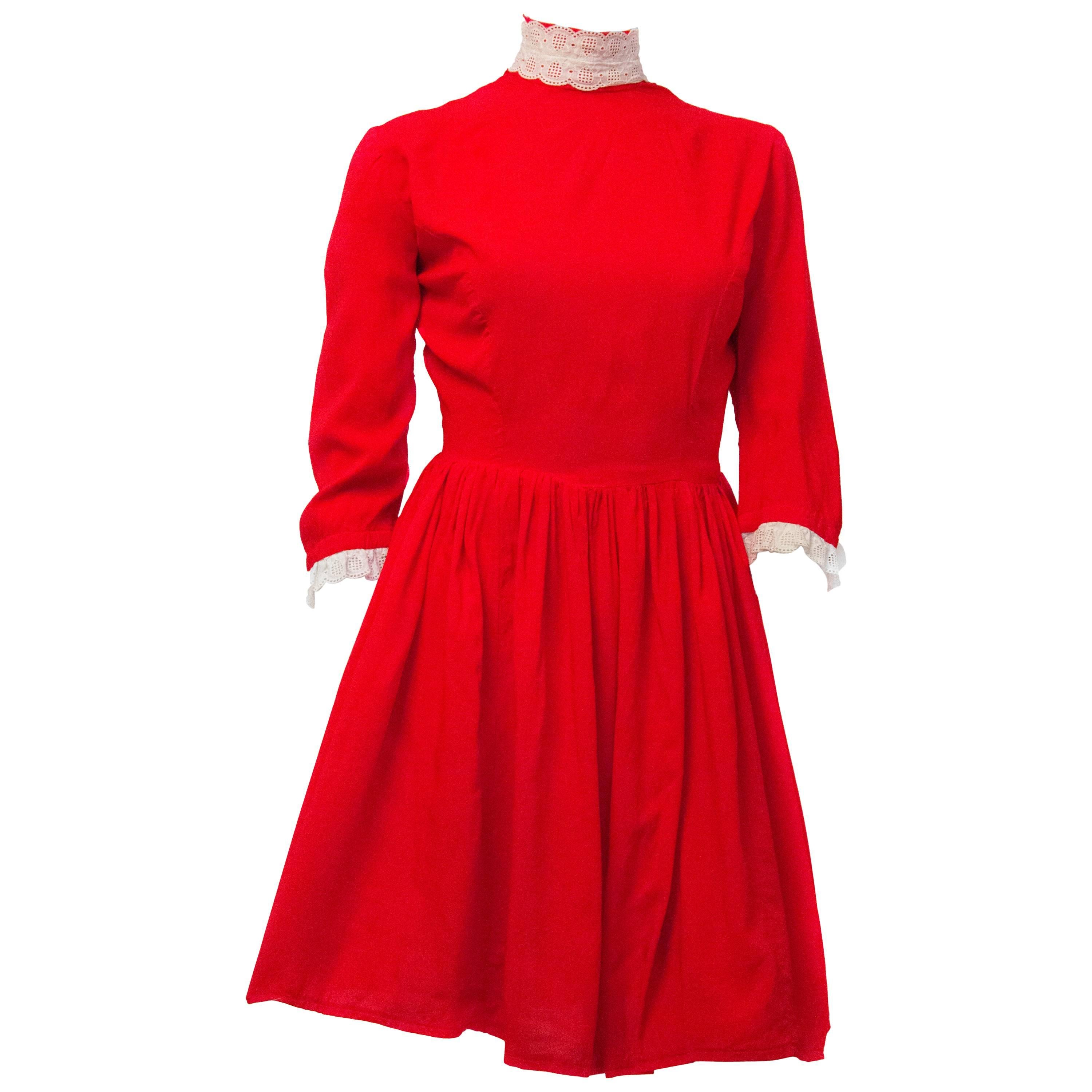 60s Red Babydoll Dress with White Eyelet Trim 