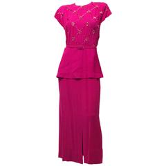 40s Magenta Sequined Peplum Evening Dress
