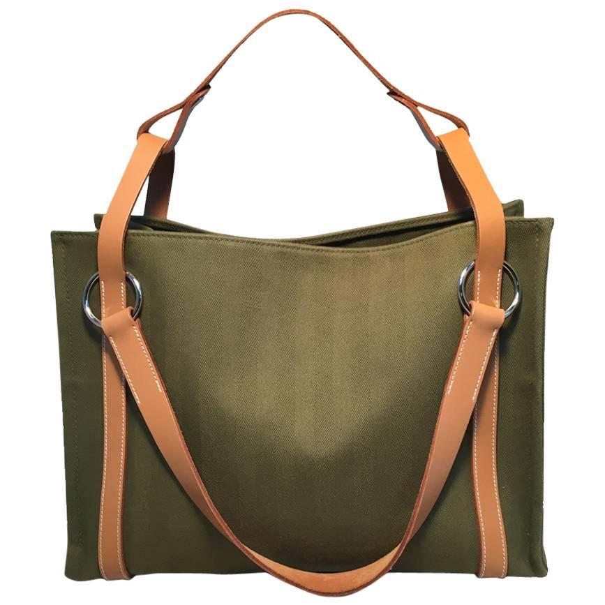 Hermes Olive Green Canvas Cabalicol Shoulder Bag Tote