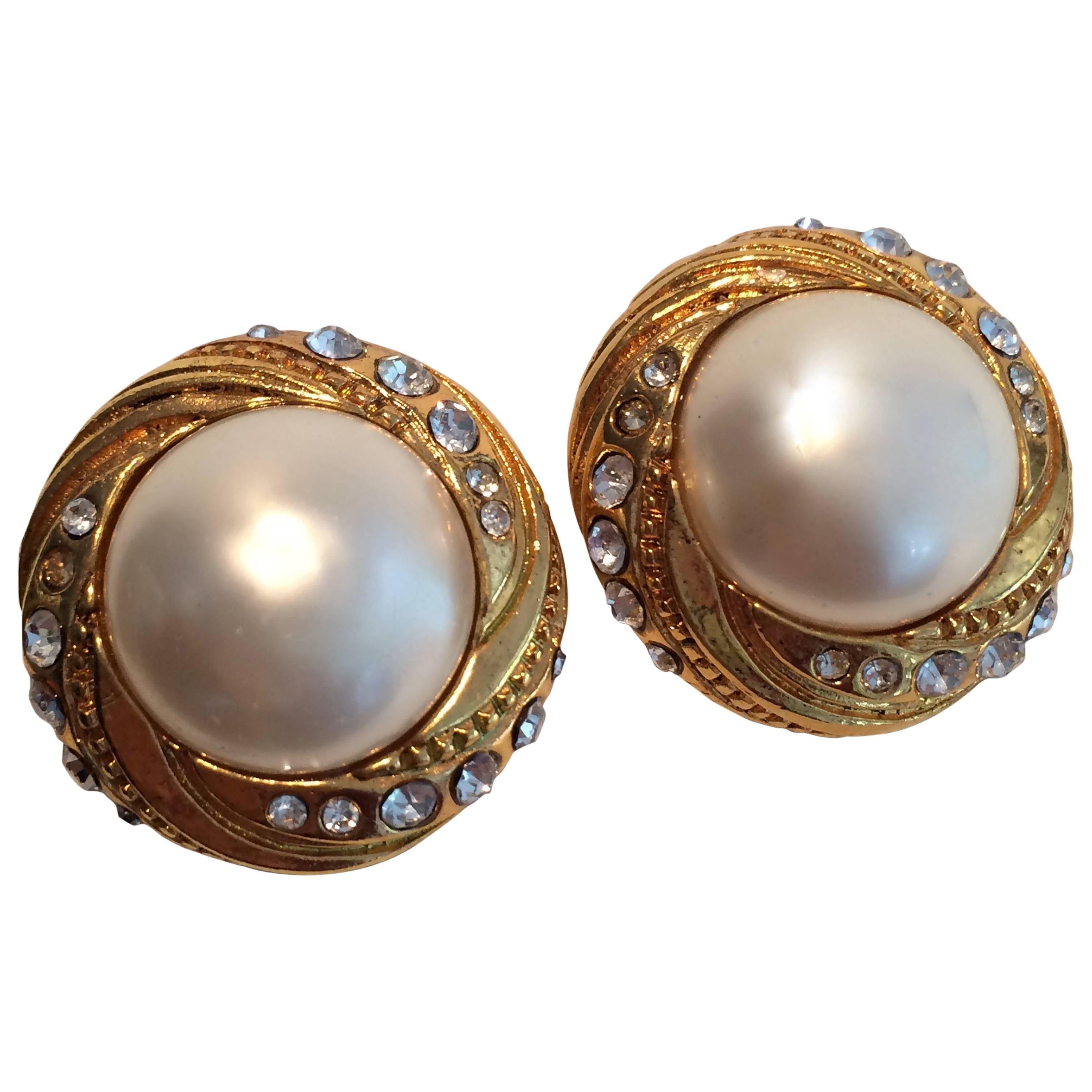 Chanel Gold and Imitation Pearl Clip Earrings  For Sale