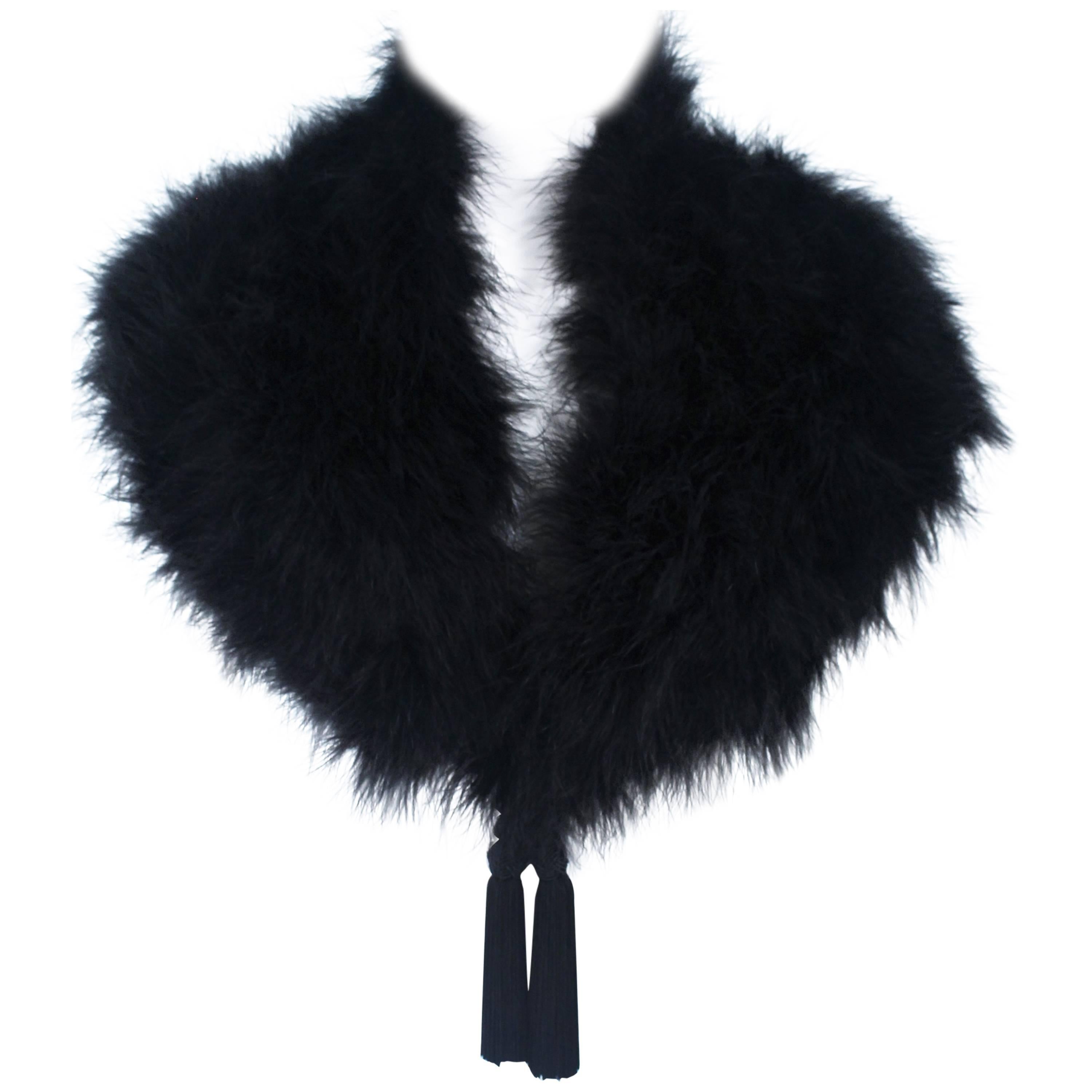 ELIZABETH MASON COUTURE Black Marabou Caplet with Silk Lining and Tassels For Sale