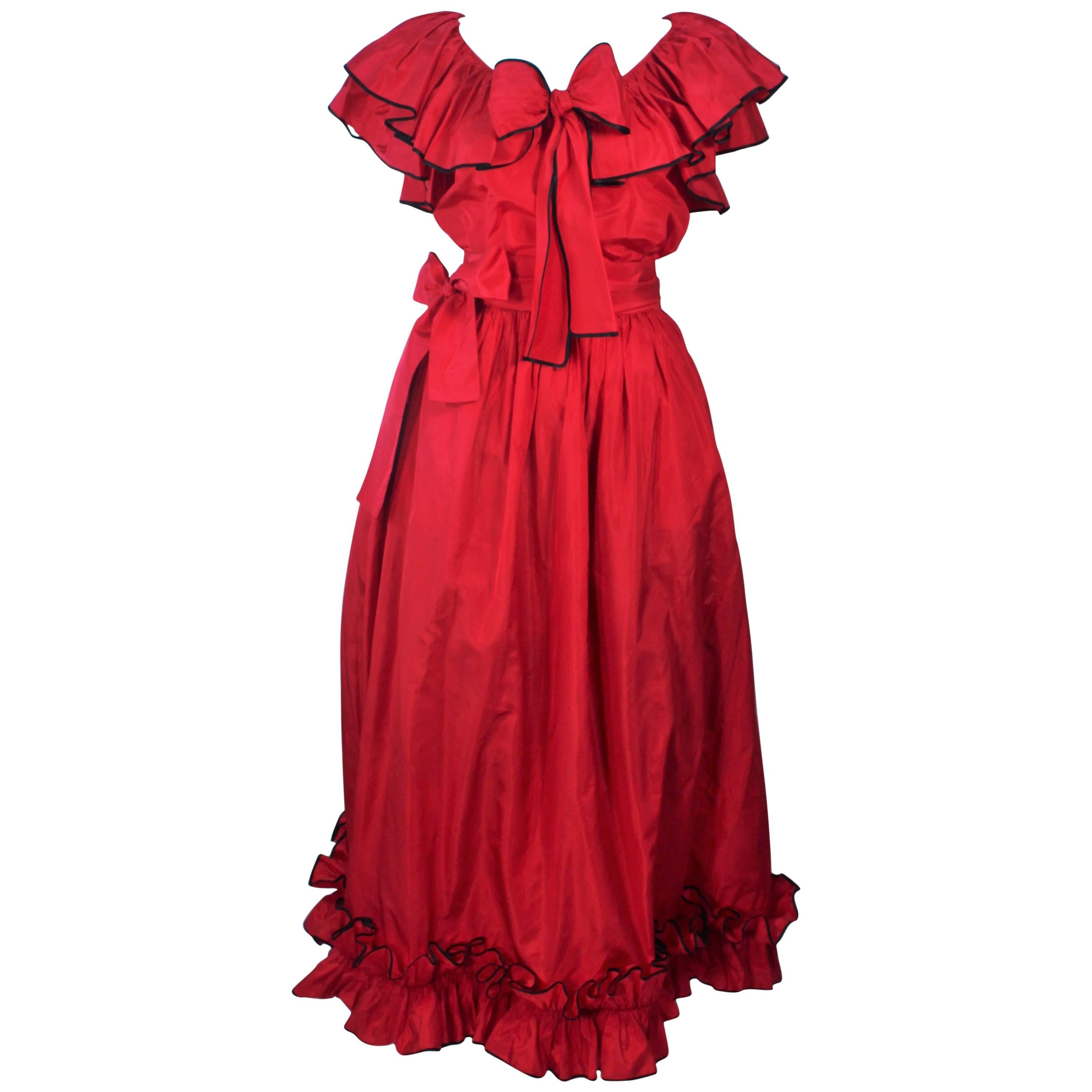 YVES SAINT LAURENT 1970's Red Satin Ruffled Ensemble with Black Trim Size 40 For Sale