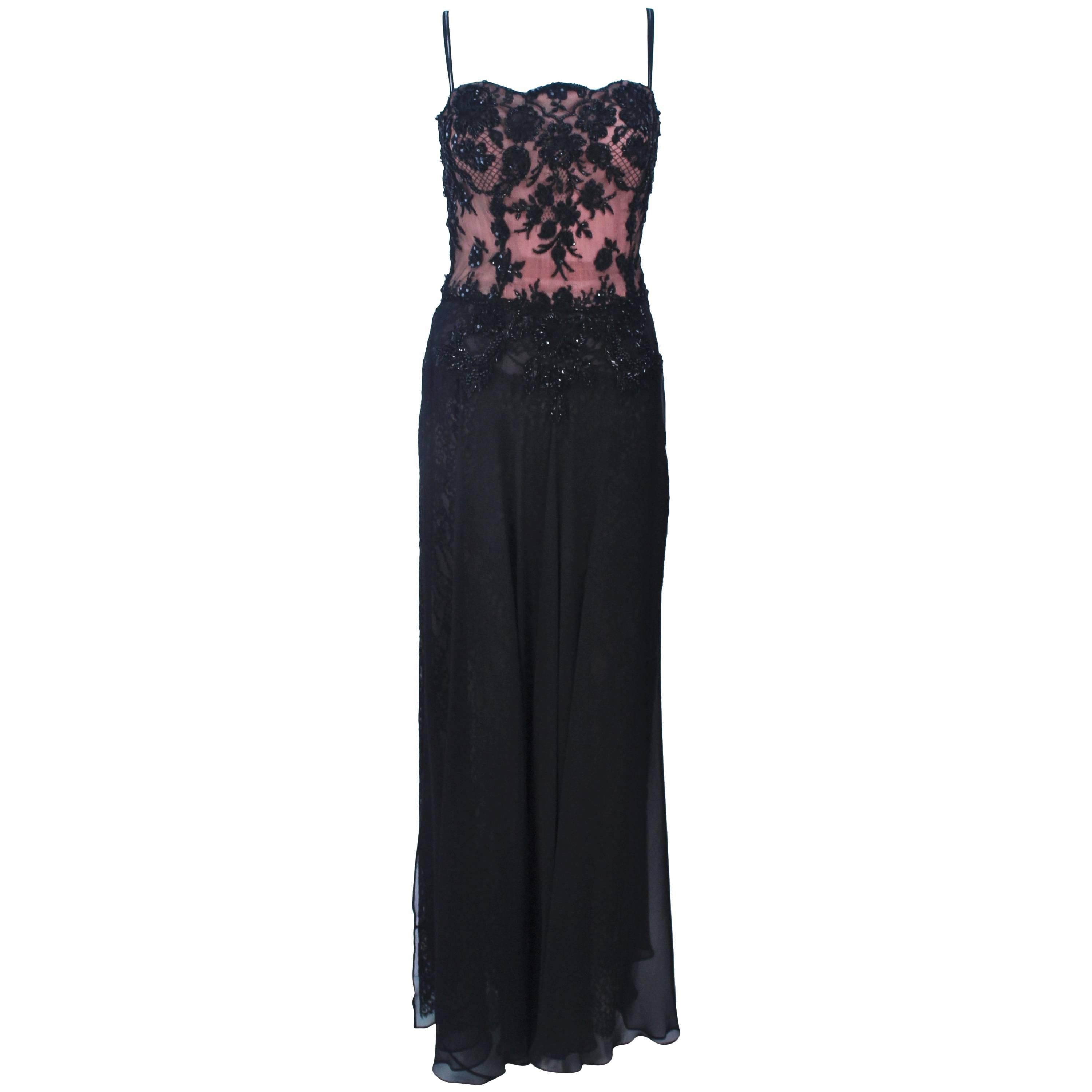 FE ZANDI Beverly Hills Beaded Black Lace Chiffon Gown Size 4 6 For Sale