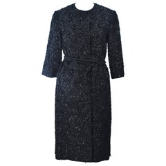 HAUTE COUTURE INTERNATIONAL 1960's Black Beaded Sequin Coat with Belt Size 6