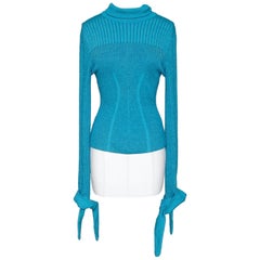 CAROLINA HERRERA Long Sleeve Knit Sweater Blue Mock Neck Sash Tie Sz M