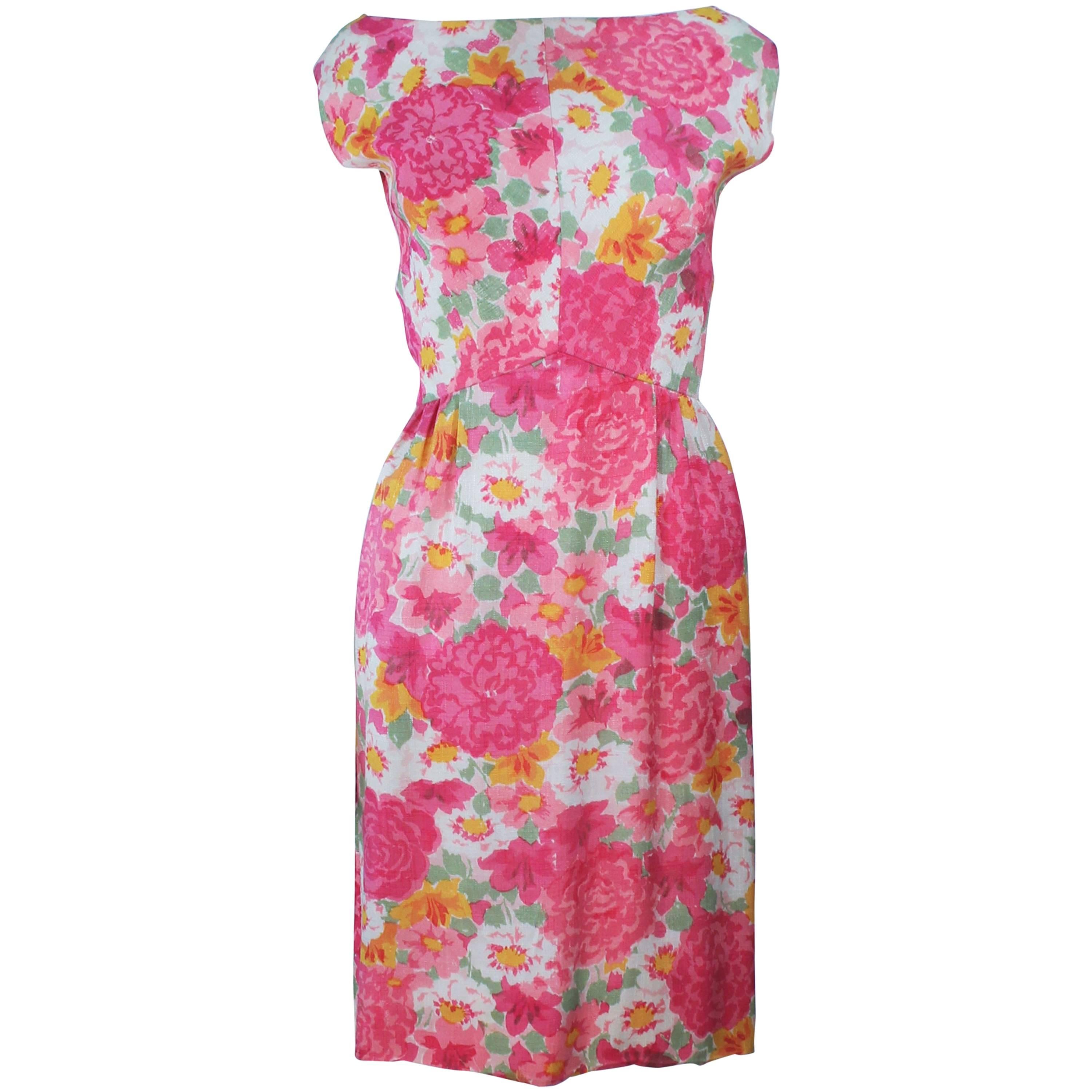 1960's Pink Multi-Color Floral Raw Silk Dress with Bow Size 2 4  For Sale