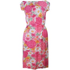 Vintage 1960's Pink Multi-Color Floral Raw Silk Dress with Bow Size 2 4 