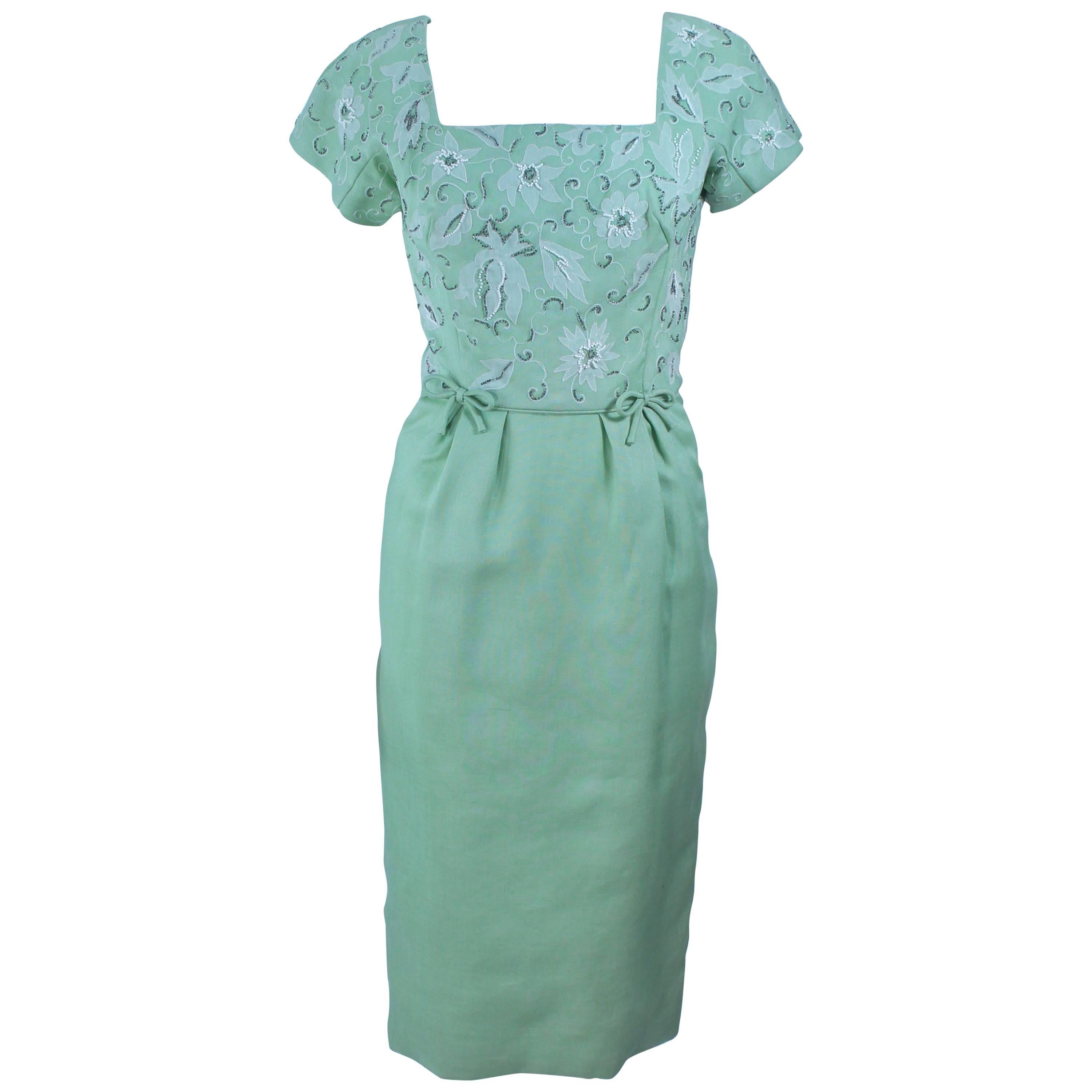 1950's Sage Green Dress with White Floral Embroidery and Beading Size 2 4 For Sale