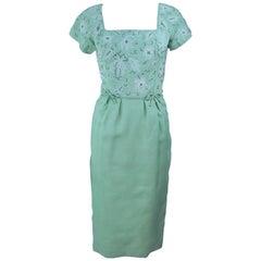 1950's Sage Green Dress with White Floral Embroidery and Beading Size 2 4