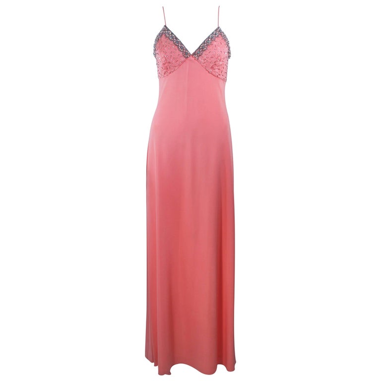 1970's Coral Jersey Maxi Gown with Embellished Bust Size 6 For Sale at ...