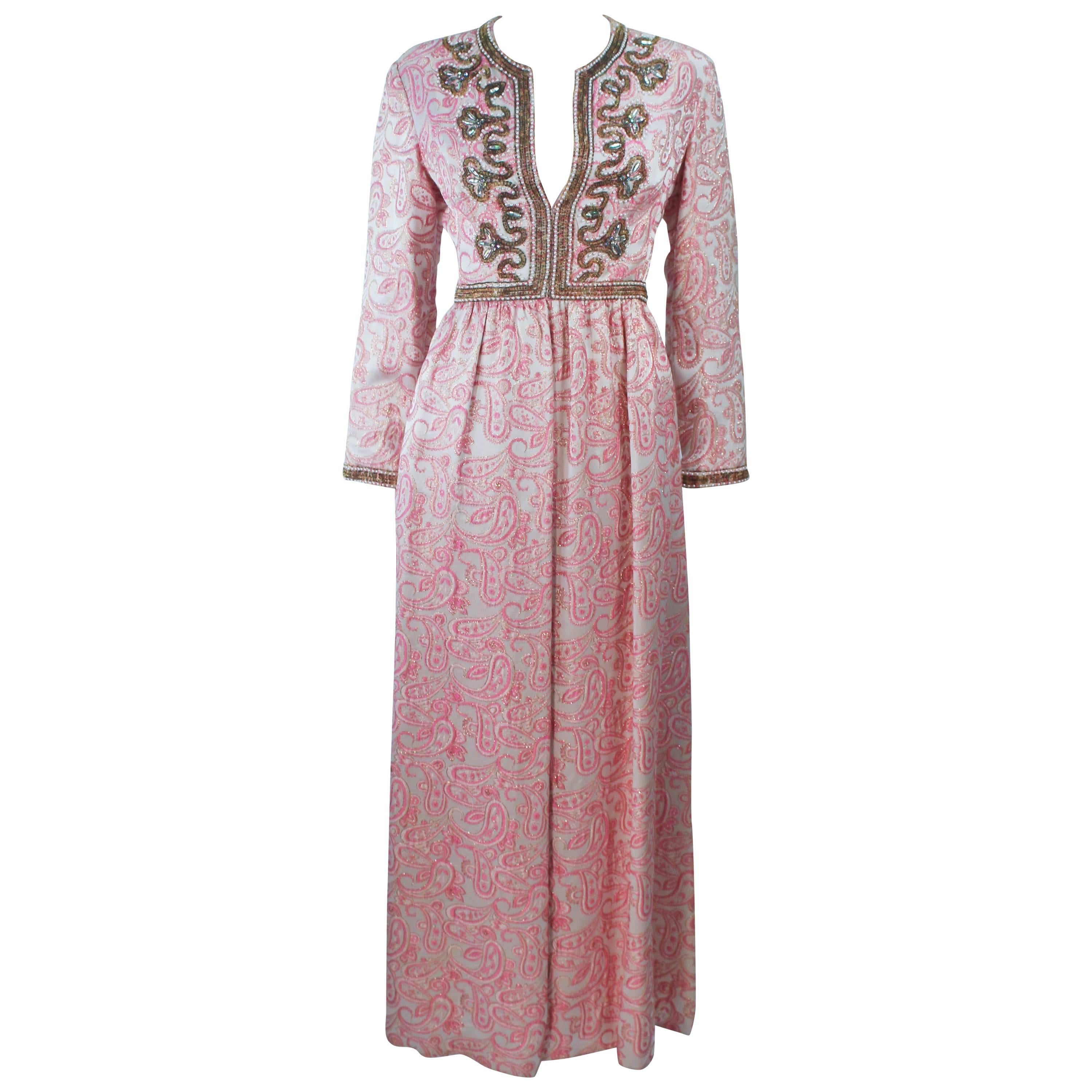 CEIL CHAPMAN 1960's Pink Paisley Brocade Gown with Beaded Applique Size 6 8