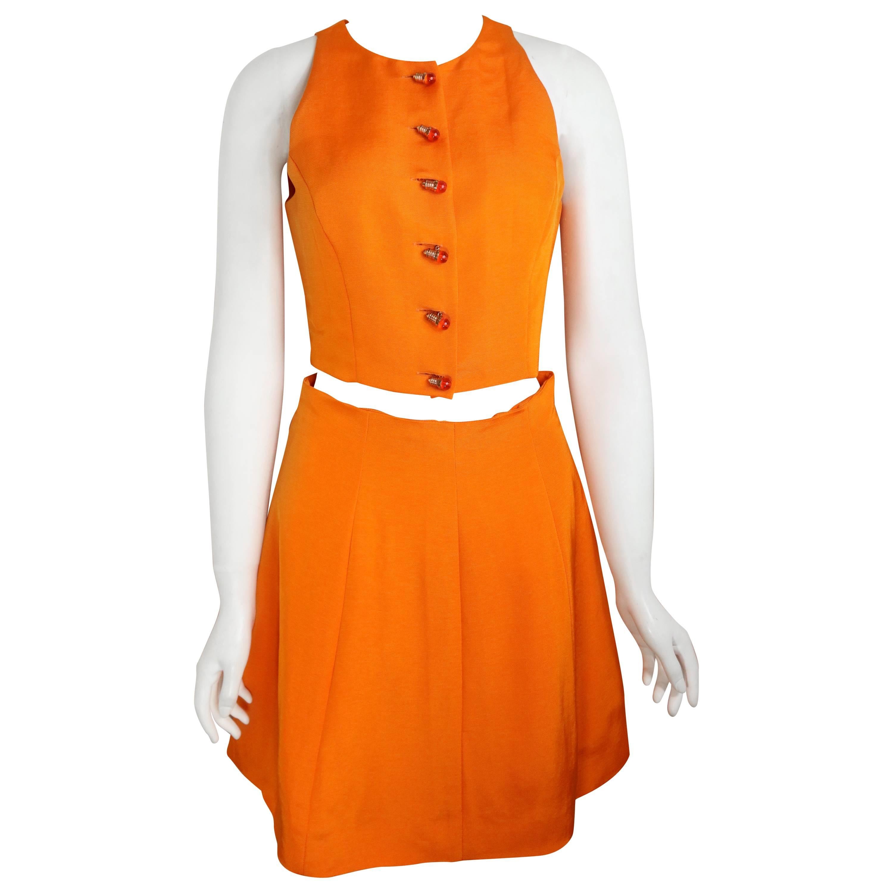 Chloe Orange Cropped Vest And Skirt Ensemble With Light Bulb Buttons  For Sale