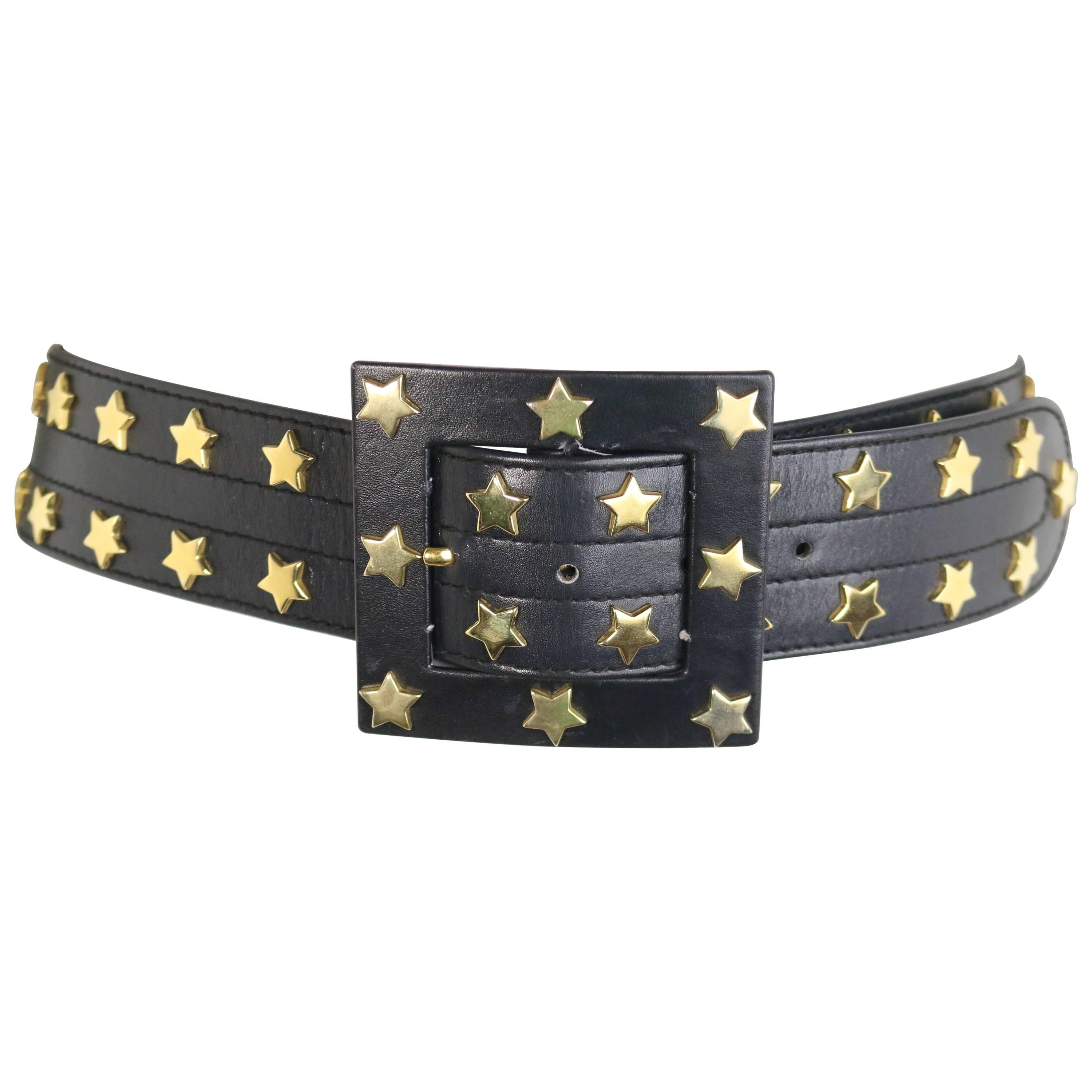Escada Black Leather Gold Star Studs Belt
