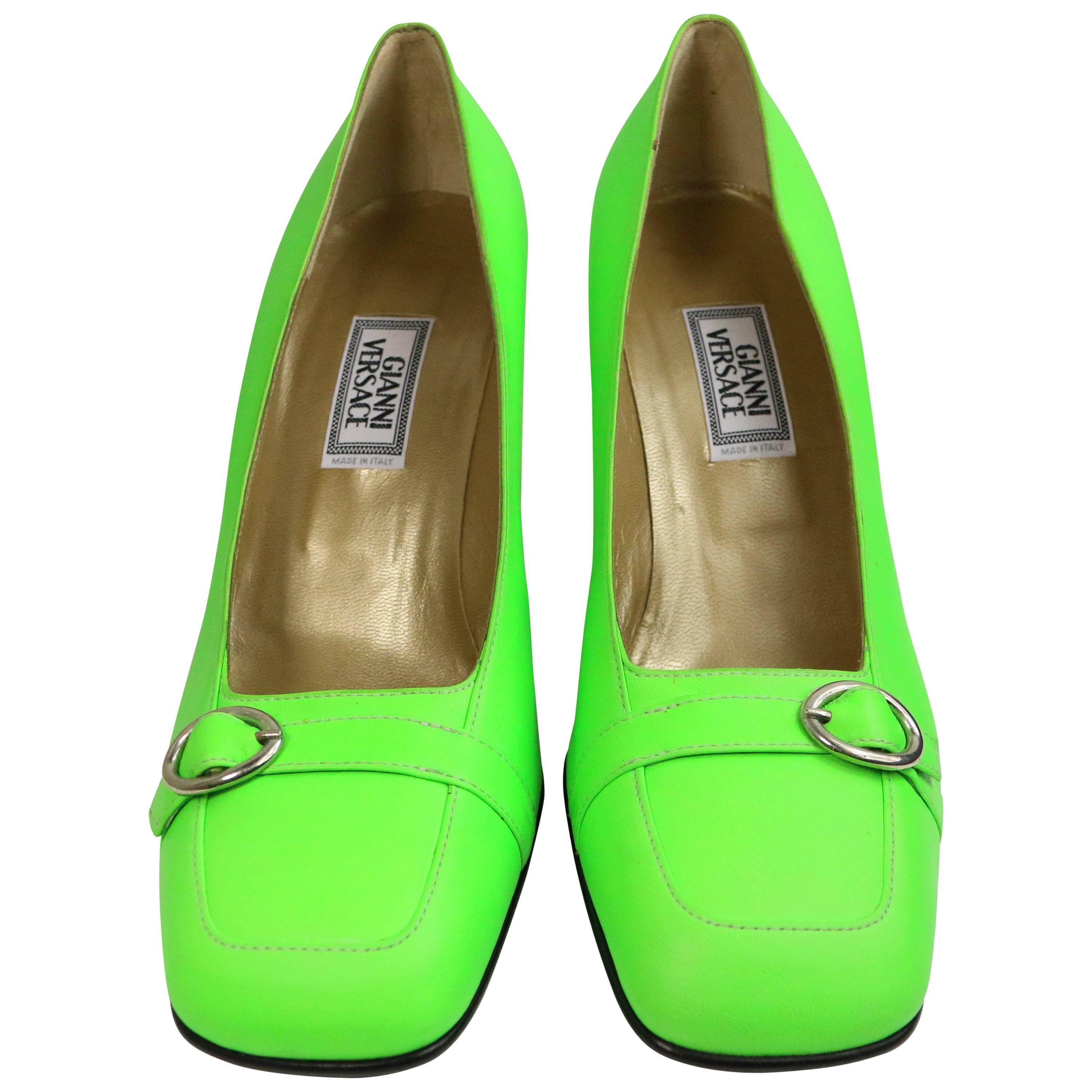 Gianni Versace Neon Green Leather Square Toe Heels For Sale