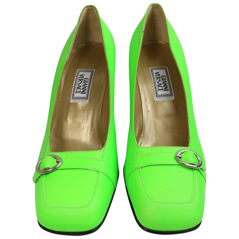 Gianni Versace Neon Green Leather Square Toe Heels For Sale at 1stDibs
