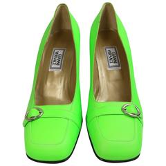 Gianni Versace Neon Green Leather Square Toe Heels 1